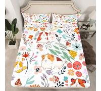 Homewish Drap-Housse 135x200 Enfant 2 Personnes, Drap Housse Cochon d'Inde Mignon pour Fille Garçon, Drap de Lit Feuilles Fleurs Champignons, Housse de Matelas Animaux de Dessins Animés
