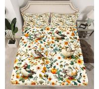 Homewish Drap Housse 135x200 Enfant Canards,Drap-Housse Animaux de Canard Sauvage,Drap de Lit Enfants Filles Adolescents Femmes La Ferme Rustique,Housse de Matelas Pays Floral 2 Taies d'oreiller