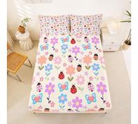 Homewish Drap Housse 135x200 Enfant Coccinelle Rose Jardin Botanique Fleurs Drap-Housse Papillon Drap de Lit Floral Printemps Housse de Matelas Pois avec 2 Taies d'oreiller 51x75cm