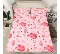 Homewish Drap Housse 135x200 Enfant Cowgirl Occidentale Rose,Drap-Housse Filles Ferme Bottes de Fer À Cheval,Drap de Lit Cheval de Pays Garçons Chapeau Rustique Tribal 2 Taies d'oreiller