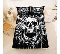 Homewish Drap Housse 135x200 Enfant Crâne de Sucre Drap-Housse Horreur Halloween Drap de Lit Crâne Effrayant Gothique Housse de Matelas Goth Fleurs Boho avec 2 Taies d'oreiller 51x75cm