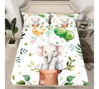 Homewish Drap Housse 135x200 Enfant Éléphant, Drap-Housse 2 Personnes Éléphant de Dessin Animé pour Filles Garçons, Drap de Lit Mignon Animal Sauvage Safari, Housse de Matelas Feuilles