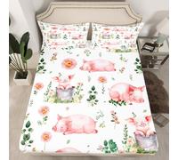 Homewish Drap Housse 135x200 Enfant Filles de Cochon Rose,Drap-Housse Fleur Mignonne,Drap de Lit Enfants Adolescents Adulte Pays Floral Animal,Housse de Matelas Ferme Rustique 2 Taies d'oreiller