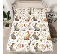 Homewish Drap Housse 135x200 Enfant Filles de Lapin Mignonnes,Drap-Housse Animal de Lapin de Dessin Animé,Drap de Lit Enfants Adultes Rustique Ferme Fleur Floral Pays 2 Taies d'oreiller