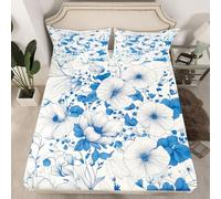Homewish Drap Housse 135x200 Enfant Floral Bleu,Drap-Housse Plantes Botaniques,Drap de Lit Feuille Florale Vintage Enfants Filles Garçons Adultes Chic Élégant Fleur de Printemps 2 Taies d'oreiller