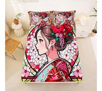 Homewish Drap Housse 135x200 Enfant Geisha Japonaise Drap-Housse Floral Floraison Vintage Drap de Lit Ukiyo e Japon Housse de Matelas Traditionnel Exotique avec 2 Taies d'oreiller 51x75cm