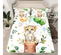 Homewish Drap Housse 135x200 Enfant Guépard, Drap-Housse 2 Personnes Léopard pour Filles Garçons, Drap de Lit Animaux de La Jungle, Housse de Matelas Aquarelle Palmier Feuilles Safari