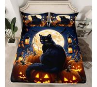 Homewish Drap Housse 135x200 Enfant Halloween Chat Noir,Drap-Housse Lanternes de Citrouille Gothiques,Drap de Lit Goth Moon Cat Animal Garçons Citrouilles d'automne 2 Taies d'oreiller