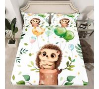 Homewish Drap Housse 135x200 Enfant Hérisson, Drap-Housse 2 Personnes Kawaii Hérisson pour Filles Garçons, Drap de Lit Animal des Bois, Housse de Matelas Feuilles de Palmier de La Jungle