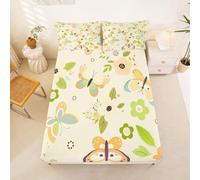 Homewish Drap Housse 135x200 Enfant Jardin Botanique Fleurs Jaune Drap-Housse Floral Printemps Drap de Lit Papillon Housse de Matelas Kawaii avec 2 Taies d'oreiller 51x75cm