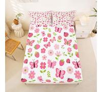 Homewish Drap Housse 135x200 Enfant Jardin Floral Rose Femmes Drap-Housse Coccinelle Papillon Drap de Lit Fleur Botanique Housse de Matelas Fraise avec 2 Taies d'oreiller 51x75cm