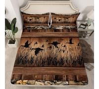 Homewish Drap Housse 135x200 Enfant La Chasse Au Canard de Mallard,Drap-Housse Lodge de Ferme,Drap de Lit Cabine Rustique,Housse de Matelas Garçons Filles Brun Pays Pierre en Bois 2 Taies d'oreiller