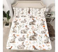 Homewish Drap Housse 135x200 Enfant Lapin Kawaii,Drap-Housse Enfants Mignon Bunny,Drap de Lit Fleurs Pays Floral,Housse de Matelas Filles Garçons Adolescents Décor Rustique Ferme 2 Taies d'oreiller