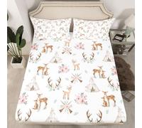 Homewish Drap Housse 135x200 Enfant Le Cerf Sika,Drap-Housse Tente,Drap de Lit Enfants Garçons Filles Mignons Animaux Cornes Flèches Feuille Rose Peach Fleurs Elk Imprimer 2 Taies d'oreiller