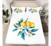 Homewish Drap Housse 135x200 Enfant Lemon Jaune,Drap-Housse Fruits D'Été Tropicaux,Drap de Lit Fleurs Blanches,Housse de Matelas Enfants Garçons Filles Plantes À l'eau Couleur 2 Taies d'oreiller
