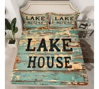 Homewish Drap Housse 135x200 Enfant Maison du Lac,Drap-Housse Thème Bateau,Drap de Lit Planche en Bois Marron Teal,Housse de Matelas Vintage Rétro avec 2 Taies d'oreiller 51x75cm