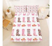 Homewish Drap Housse 135x200 Enfant Nœud Rose Drap-Housse Cowgirls Western Drap de Lit Nœud Papillon Mignon Housse de Matelas nœud Papillon Girly Bottes de Vache avec 2 Taies d'oreiller 51x75cm