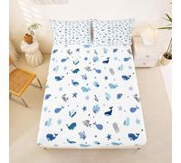 Homewish Drap Housse 135x200 Enfant Océan Côtier Drap-Housse Baleine Méduse Mignonne Drap de Lit Coquillage Algues Plage Bleu Gris Housse de Matelas Vie Marine avec 2 Taies d'oreiller 51x75cm