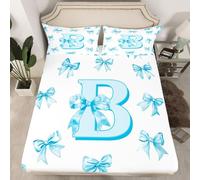 Homewish Drap Housse 135x200 Enfant Personnalisé Initial B,Drap-Housse Charmant Arc Bleu,Drap de Lit Coquette Bowknot Filles,Housse de Matelas Enfants Filles Princesse Style Kawaii 2 Taies d'oreiller