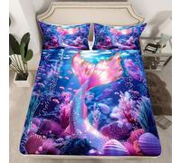 Homewish Drap Housse 135x200 Enfant Queue de Sirène,Drap-Housse Sirène Océanique Pastel,Drap de Lit Animaux sous-Marin Magique,Housse de Matelas Vie Marine Nautique Côtière 2 Taies d'oreiller 51x75cm