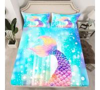 Homewish Drap Housse 135x200 Enfant Sirène de L'Océan,Drap-Housse Queue de Sirène Pastel,Drap de Lit Écailles de Poissons de Mer Colorées,Housse de Matelas Vie Marine Magique 2 Taies d'oreiller
