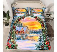 Homewish Drap Housse 135x200 Enfant Thème d'hiver, Drap-Housse Décor de Neige de Noël, Drap de Lit Décor d'arbre de Noël, Housse de MatelasJoyeuxnoël, avec 2 Taies d'oreiller 51x75cmJaune Rouge Vert