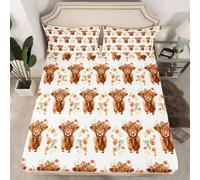 Homewish Drap Housse 135x200 Enfant Vache des Highlands,Drap-Housse Bull Bétail Animaux Enfants,Drap de Lit Ferme Rustique,Housse de Matelas Fleur de La Faune du Pays avec 2 Taies d'oreiller 51x75cm
