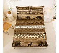 Homewish Drap Housse 140x190 2 Personnes Boho Aztèque | Housse de Matelas Bonnet 30 cm Ours Cerf Rouilleique Drap de Lit Ferme Ouestern Auberge -