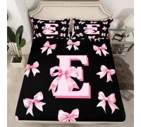 Homewish Drap Housse 150x200 Enfant Arc Rose,Drap-Housse Lettre Personnalisée E,Drap de Lit Mignon Coquette Bowknot,Housse de Matelas Style Princesse Rose Monogrammé Noir 2 Taies d'oreiller 51x75cm