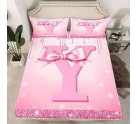 Homewish Drap Housse 150x200 Enfant Enfants Arc Rose,Drap-Housse Lettre Initiale Y de Fille,Drap de Lit Princesse Glitter Bow,Housse de Matelas Préppy Monogrammed,avecCadeaux d'anniversaire Uniques