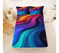 Homewish Drap Housse 150x200 Enfant Galaxie Arc en Ciel Drap-Housse Géométrique Néon Drap de Lit Rayure Bleu Orange Noir Housse de Matelas Lignes Colorées avec 2 Taies d'oreiller 51x75cm