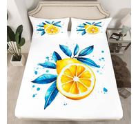 Homewish Drap Housse 150x200 Enfant Lemon Jaune,Drap-Housse Plantes D'Été À L'Encre de Chine,Drap de Lit Blanc Jaune Bleu,Housse de Matelas Enfants Garçons Filles Ferme Rustique 2 Taies d'oreiller