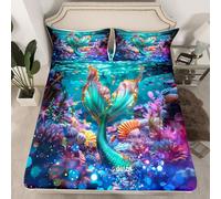 Homewish Drap Housse 150x200 Enfant Taile de Sirène de Teal,Drap-Housse Écale de Poisson de Sirène,Drap de Lit Animaux de L'Océan Magique,Housse de Matelas Monde sous-Marin 2 Taies d'oreiller 51x75cm