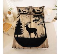 Homewish Drap Housse 160 x 200 2 Personnes Cabane Auberge Rouilleique | Drap de Lit Bonnet 30 cm Ferme Le Campagnarde Cerf Housse de Matelas Animaux Des Bois Chasse -