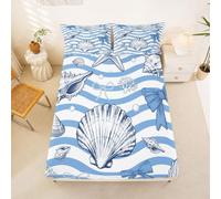 Homewish Drap Housse 160 x 200 2 Personnes Coquillage Étoile de Mer | Drap de Lit Bonnet 30 cm Arc Bleu Rayé Housse de Matelas Coquette Plage Océan -