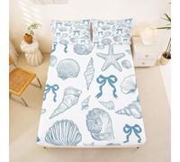Homewish Drap Housse 160 x 200 2 Personnes Nœud Coquillage Étoile de Mer | Drap de Lit Bonnet 30 cm Océan Bleu Nœud Housse de Matelas Côte Faune Marine -