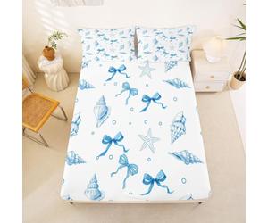 Homewish Drap Housse 160 x 200 2 Personnes Plage Conch | Drap de Lit Bonnet 30 cm Étoile de Mer Coquillage Nœud Housse de Matelas Côte -