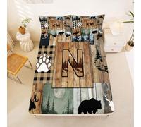 Homewish Drap Housse 160 x 200 2 Personnes Rétro Auberge Patchwork Plaid | Drap de Lit Bonnet 30 cm Ouestern Ours Cerf Rouilleique Housse de Matelas Faune Sauvage Le Campagne Lettre Initiauxe N -