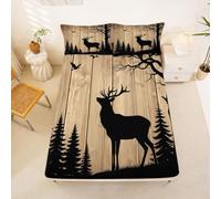 Homewish Drap Housse 2 Personnes 160 x 200 Cabane Rouilleique | Drap de Lit Bonnet 30 cm Chasse Cerf Housse de Matelas Ferme Auberge Animaux Des Bois -