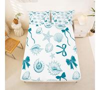 Homewish Drap Housse 2 Personnes 160 x 200 Étoile de Mer Coquillage Nœud | Drap de Lit Bonnet 30 cm Plage Côtière Housse de Matelas Faune Marine -