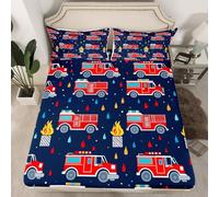 Homewish Drap Housse 90x190 Camion de Pompier, Drap-Housse 1 Personne Enfant Garçon Voitures de Bus, Drap de Lit Imprimé Véhicule Automobile, Housse de Matelas Bleu Marine Rouge Feu
