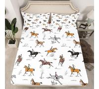Homewish Drap Housse 90x190 Cheval de Course, Ensemble de Literie Sport Équestre, Draps de Lit Cavaliers pour Enfants Adolescents, Drap-Housse Western Vintage pour Matelas, 1 Personne