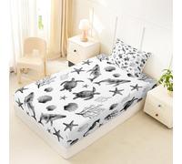 Homewish Drap Housse 90x190 Enfant Animal Océanique Drap-Housse Baleine Tortue de Mer Mignonne Drap de Lit Coquillage Étoile de Mer Côtier Housse de Matelas Vie Marine Gris Blanc
