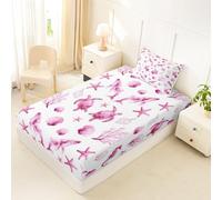 Homewish Drap Housse 90x190 Enfant Animal Océanique Drap-Housse Baleine Tortue de Mer Mignonne Drap de Lit Hippocampe Algues Côtier Aquarelle Housse de Matelas Coquillage Étoile de Mer Rose Blanc
