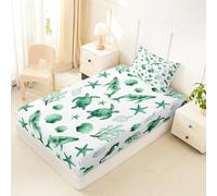 Homewish Drap Housse 90x190 Enfant Animal Océanique Drap-Housse Baleine Tortue de Mer Mignonne Drap de Lit Coquillage Étoile de Mer Côtier Housse de Matelas Hippocampe Algues Tendence Vert Blanc