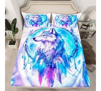 Homewish Drap Housse 90x190 Enfant Attrape-Rêves Loup, Drap-Housse Attrape-Rêves Bohème, Drap de Lit Plume Boho, Housse de MatelasImprimé d'animaux Sauvages avec 1 Taie d'oreiller 51x75cm