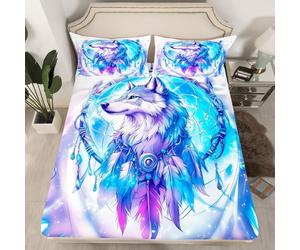 Homewish Drap Housse 90x190 Enfant Attrape-Rêves Loup, Drap-Housse Attrape-Rêves Bohème, Drap de Lit Plume Boho, Housse de MatelasImprimé d'animaux Sauvages avec 1 Taie d'oreiller 51x75cm