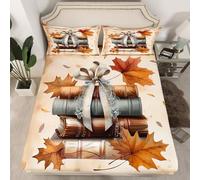 Homewish Drap Housse 90x190 Enfant Autumn Bow Books,Drap-Housse Vintage Retro Autumn Maple Leaf,Drap de Lit Thanksgiving,Housse de Matelas Récolte d'automne d'automne avec 1 Taie d'oreiller 51x75cm