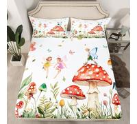 Homewish Drap Housse 90x190 Enfant Champignons de Fées, Drap-Housse Conte de Fées Rêveux, Drap de Lit Fairy Mignon, Housse de Matelas Fleurs Botaniques Champignon Rouge avec 1 Taie d'oreiller 51x75cm