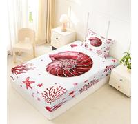 Homewish Drap Housse 90x190 Enfant Conque Côtière Drap-Housse Étoile de Mer Corail Algues Drap de Lit Coquillage Jolie Plage Housse de Matelas Animaux de la Mer Aquarelle Rouges